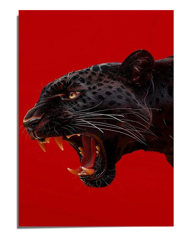 A realistic digital illustration of a black panther mid-roar, showing sharp teeth and intense eyes. The panther's dark fur is detailed with highlights that add depth and texture. The background is a solid, vibrant red, creating a dramatic contrast with the panther's black tones. The image captures the raw power and presence of this fierce animal in a close-up, side-profile perspective.