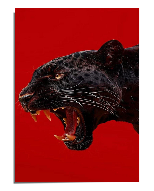 A realistic digital illustration of a black panther mid-roar, showing sharp teeth and intense eyes. The panther's dark fur is detailed with highlights that add depth and texture. The background is a solid, vibrant red, creating a dramatic contrast with the panther's black tones. The image captures the raw power and presence of this fierce animal in a close-up, side-profile perspective.