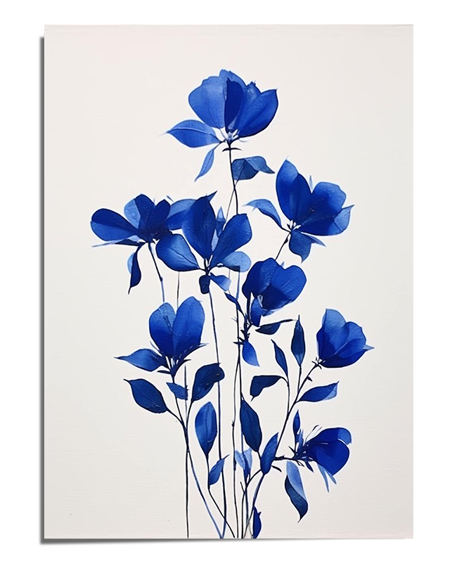 A minimalist botanical art print featuring delicate blue flowers against a white background. The soft watercolor effect and clean design create a serene and elegant visual composition.