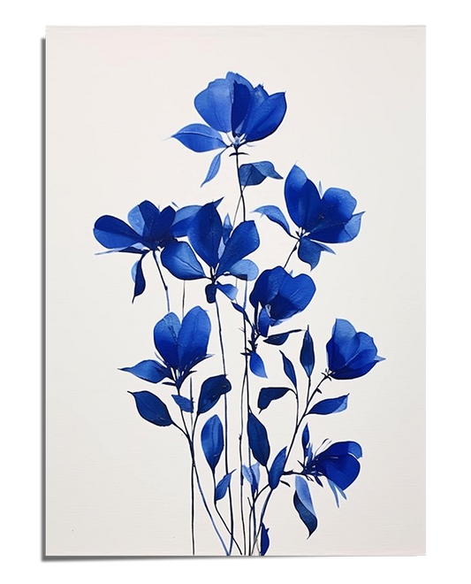 A minimalist botanical art print featuring delicate blue flowers against a white background. The soft watercolor effect and clean design create a serene and elegant visual composition.