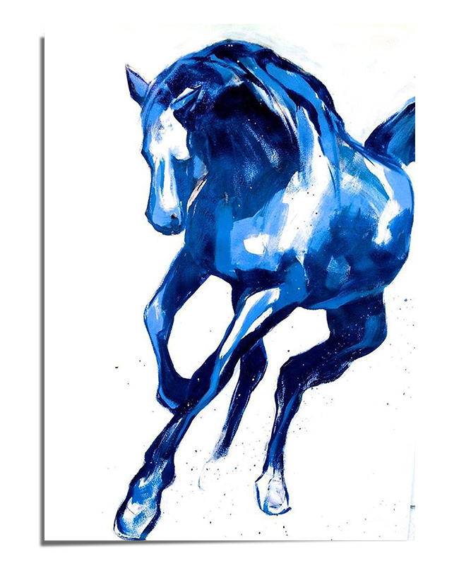 A stunning blue horse captured mid-gallop, painted with expressive brushstrokes that give a sense of motion and energy. The deep blue tones contrast against a bright white background, making the image feel both modern and dynamic. The horse’s powerful muscles, flowing mane, and forward motion are highlighted in this artistic equestrian print.