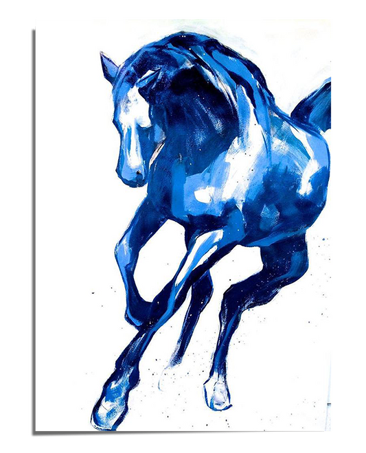 A stunning blue horse captured mid-gallop, painted with expressive brushstrokes that give a sense of motion and energy. The deep blue tones contrast against a bright white background, making the image feel both modern and dynamic. The horse’s powerful muscles, flowing mane, and forward motion are highlighted in this artistic equestrian print.