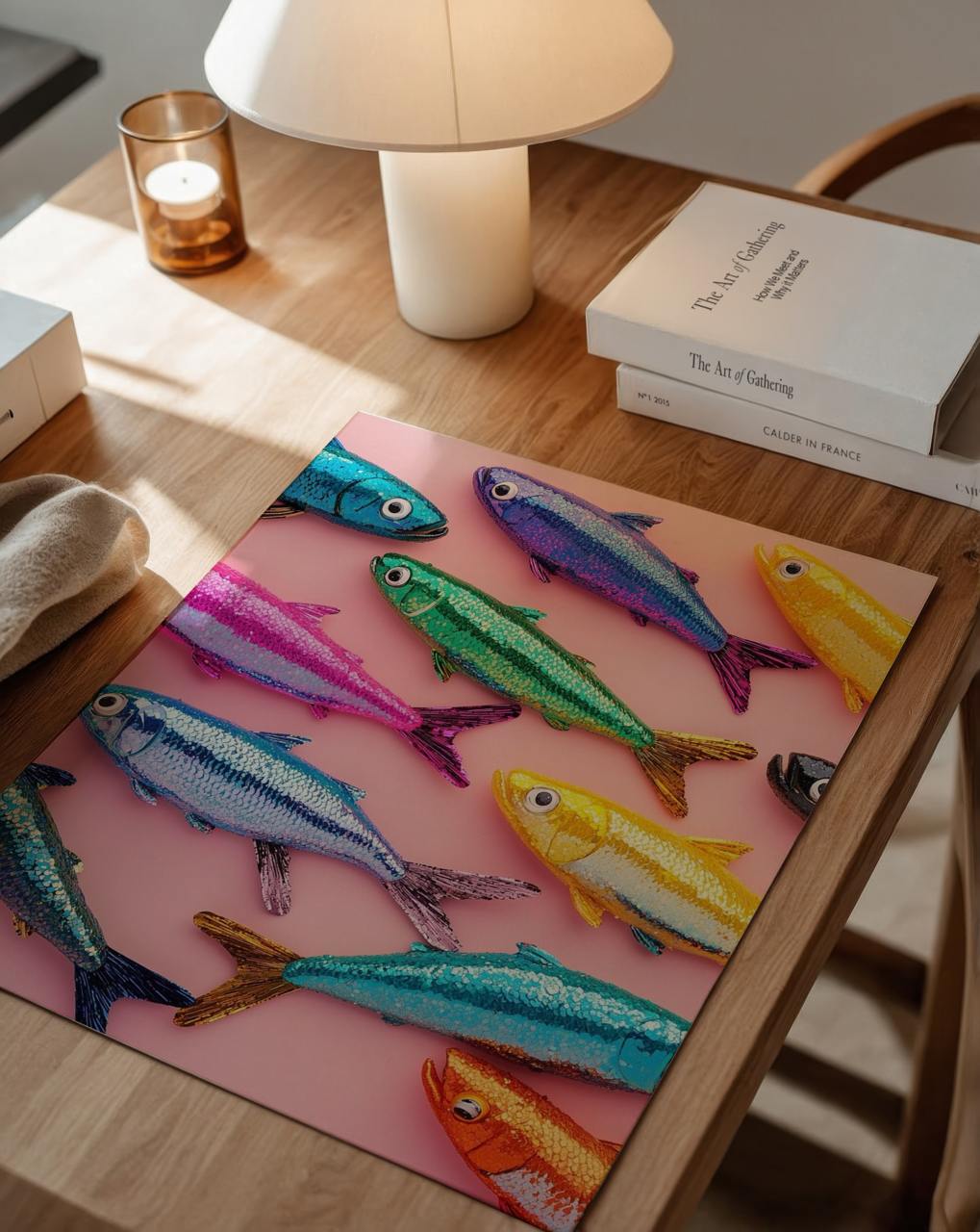 Colorful fish illustration on a pink background on a wooden table with books and a lamp.