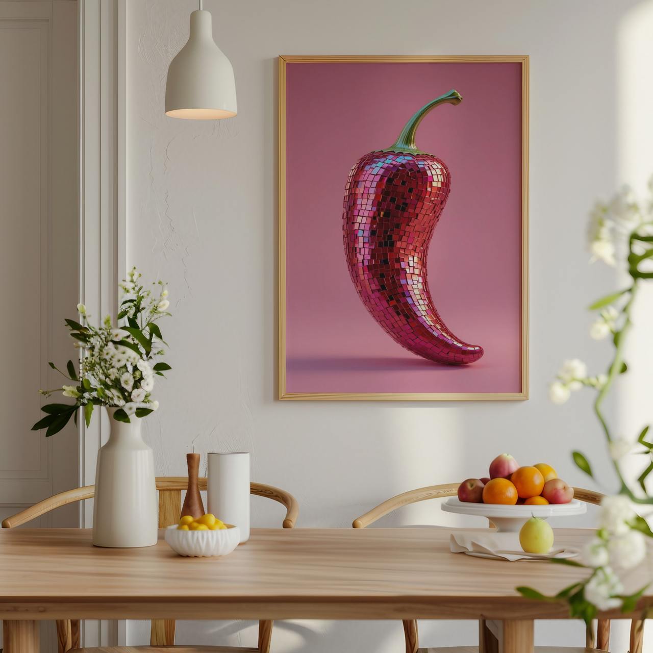 Framed artwork of a red chili pepper on a wall above a dining table with decor items.