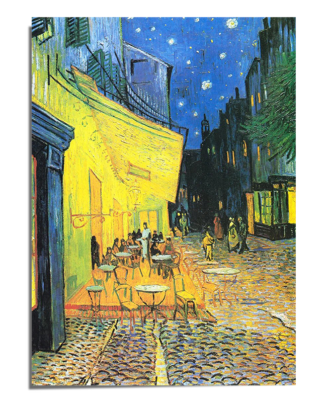 A lively street scene painted by Vincent van Gogh, showing a café illuminated in yellow light beneath a starry sky. The cobblestone streets and vibrant colors capture the essence of a warm, bustling night. Perfect for lovers of Impressionism and cityscape artwork, this print brings the dynamic beauty of a nocturnal setting into your home.