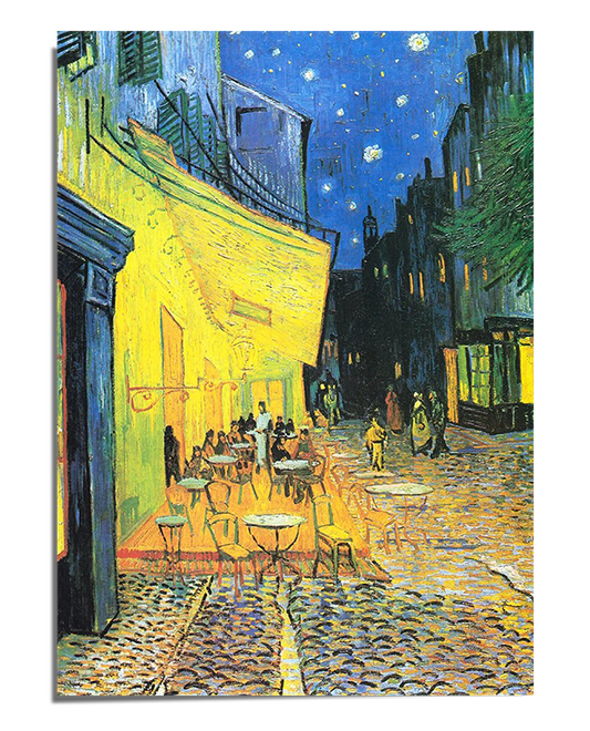 A lively street scene painted by Vincent van Gogh, showing a café illuminated in yellow light beneath a starry sky. The cobblestone streets and vibrant colors capture the essence of a warm, bustling night. Perfect for lovers of Impressionism and cityscape artwork, this print brings the dynamic beauty of a nocturnal setting into your home.
