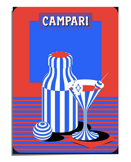 A bold, graphic-style illustration featuring a bottle and a martini glass, both decorated with blue and white vertical stripes. The background is split into red and blue geometric sections, creating a vintage pop art feel. A cocktail garnish sits on the edge of the glass, and a small striped sphere is placed beside the bottle. At the top, a rectangular label displays the word "CAMPARI" in capital letters, reinforcing the classic Italian aperitif theme.