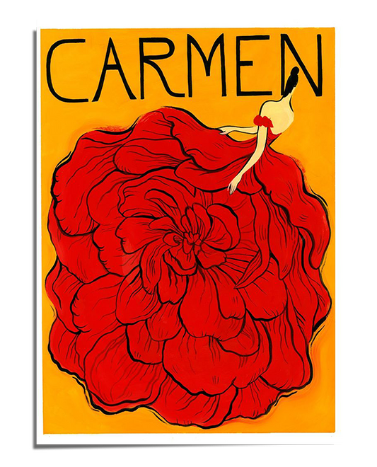 A vintage-style illustration of the Carmen opera. A flamenco dancer in a dramatic red dress is shown from the back, with the fabric of her dress expanding into a giant rose. The background is a warm yellow, contrasting beautifully with the red dress. The word CARMEN is written in bold black letters at the top, emphasizing the opera’s name. The overall design has a vintage, hand-painted feel, evoking the passion and drama of Spanish flamenco culture.