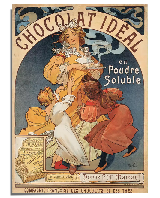A vintage Art Nouveau advertisement poster for Chocolat Idéal featuring a woman in a flowing golden dress holding a tray with a steaming cup of hot chocolate. Two young girls, one in a white dress and the other in red, excitedly reach out for the treat. The background includes soft decorative patterns, curved lettering, and an illustration of a box of Chocolat Idéal in the lower left corner. The colors are warm and inviting, enhancing the nostalgic feel of the artwork.