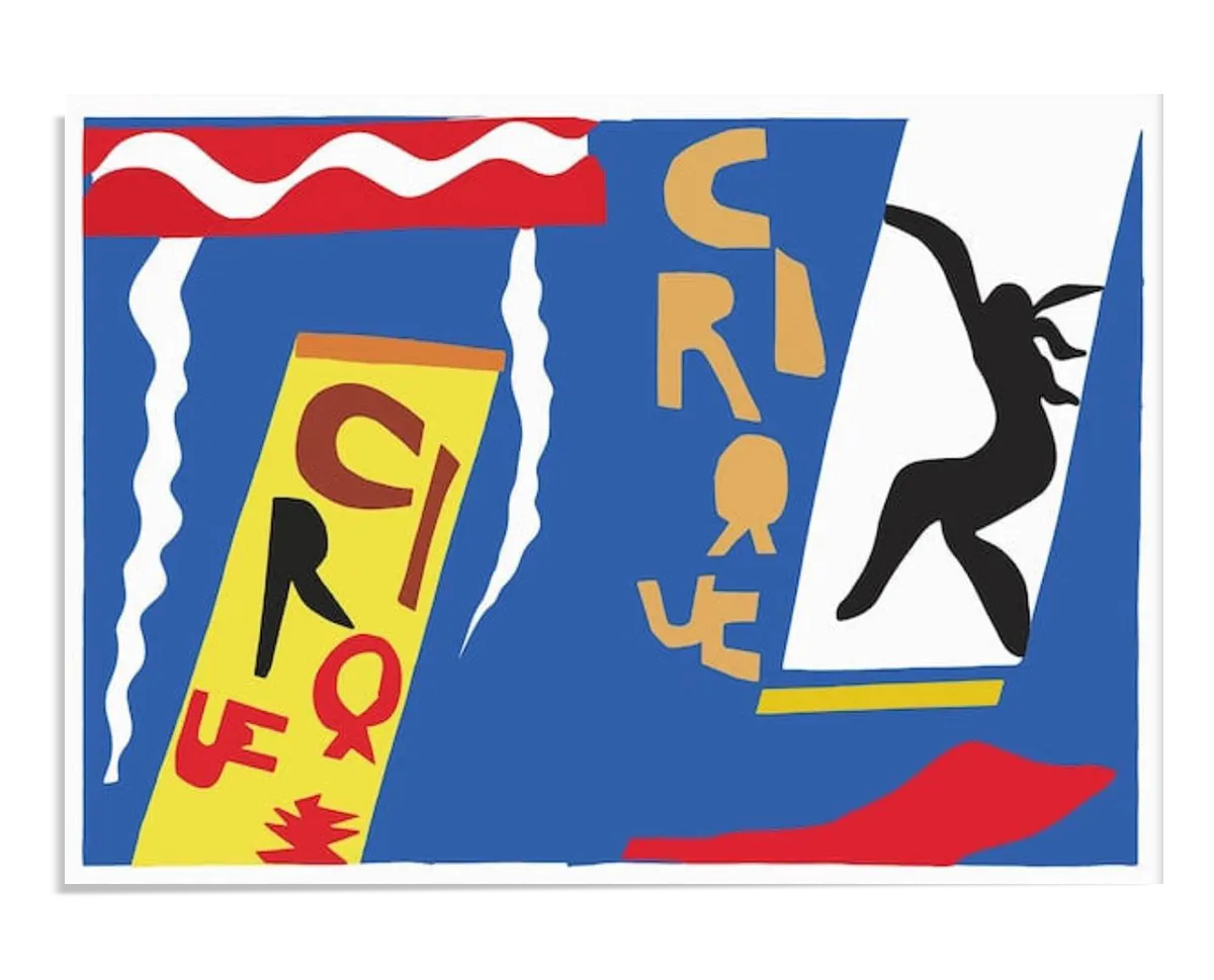 An abstract artwork featuring bold shapes and vibrant colors, including red, yellow, black, and blue. The composition includes fragmented letters and silhouettes of performers, evoking the lively energy of a circus. The background is a solid blue, creating a striking contrast with the figures.