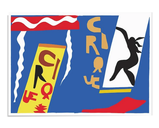 An abstract artwork featuring bold shapes and vibrant colors, including red, yellow, black, and blue. The composition includes fragmented letters and silhouettes of performers, evoking the lively energy of a circus. The background is a solid blue, creating a striking contrast with the figures.