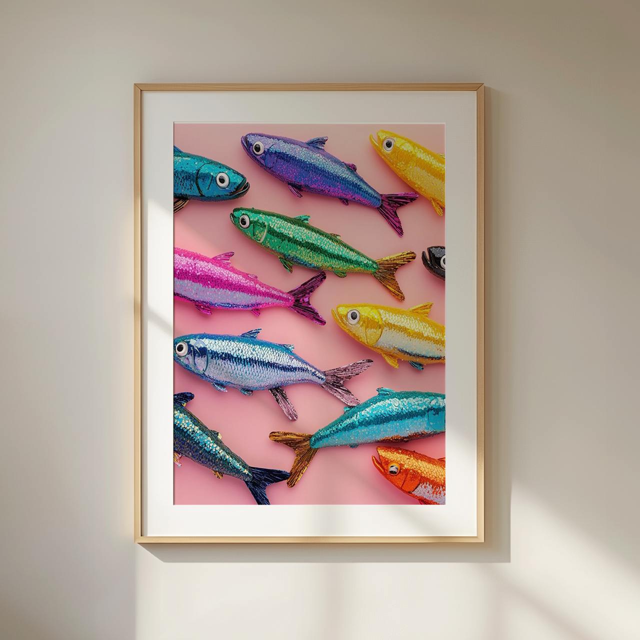 Framed artwork of colorful fish on a pink background