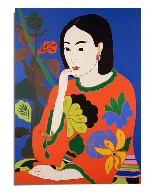 A stylized portrait of a woman with long black hair, delicate facial features, and a contemplative expression. She rests her chin on her hand, her eyes gazing downward. She wears a flowing red garment with large, colorful floral patterns in green, yellow, and blue. The deep blue background contrasts vividly with the warm tones of her attire, while a few abstract leaves and plant-like shapes in the background add depth.