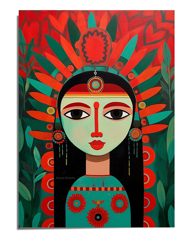 A stylized portrait of a woman with large almond-shaped eyes, a serene expression, and symmetrical red markings on her face. She wears an intricate headdress composed of elongated, vibrant red and green feather-like shapes, radiating outward like a sunburst. Her long black hair frames her turquoise-colored outfit, which is decorated with bold circular and floral patterns. The background features lush green foliage, adding depth and reinforcing the nature-inspired aesthetic.