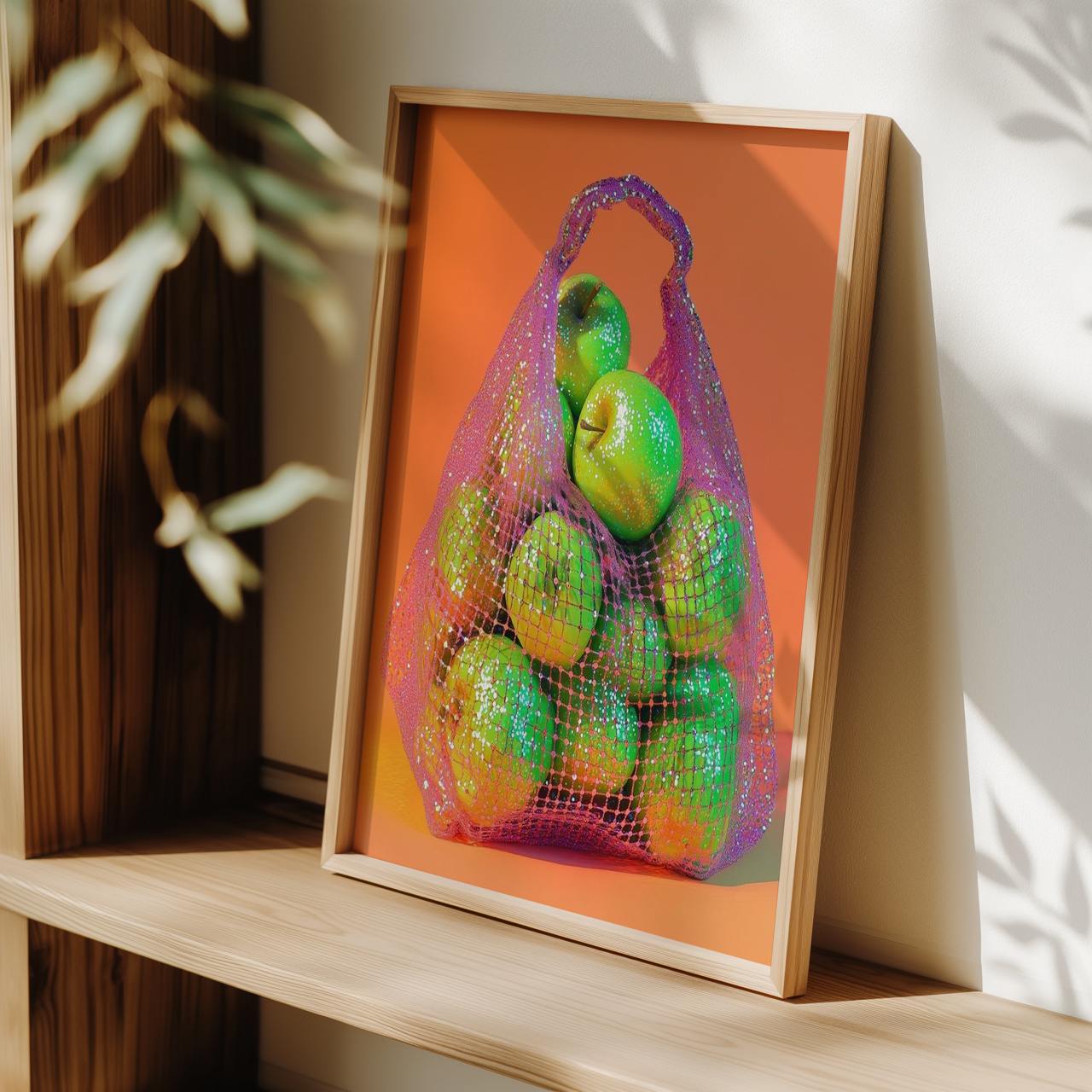 Framed artwork of a bag with green apples on an orange background