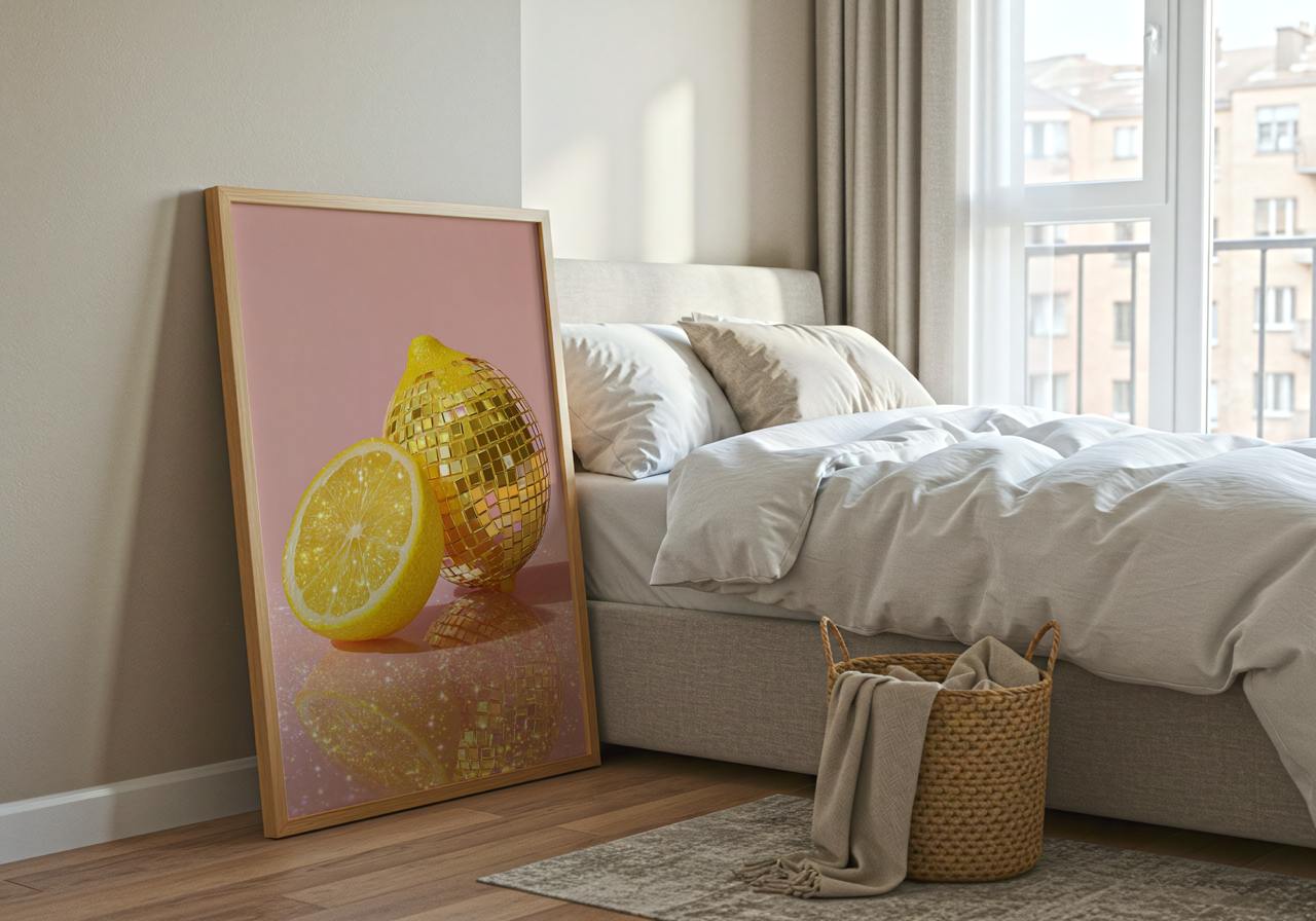 Bedroom with a bed, basket, and a painting of lemons on the wall.