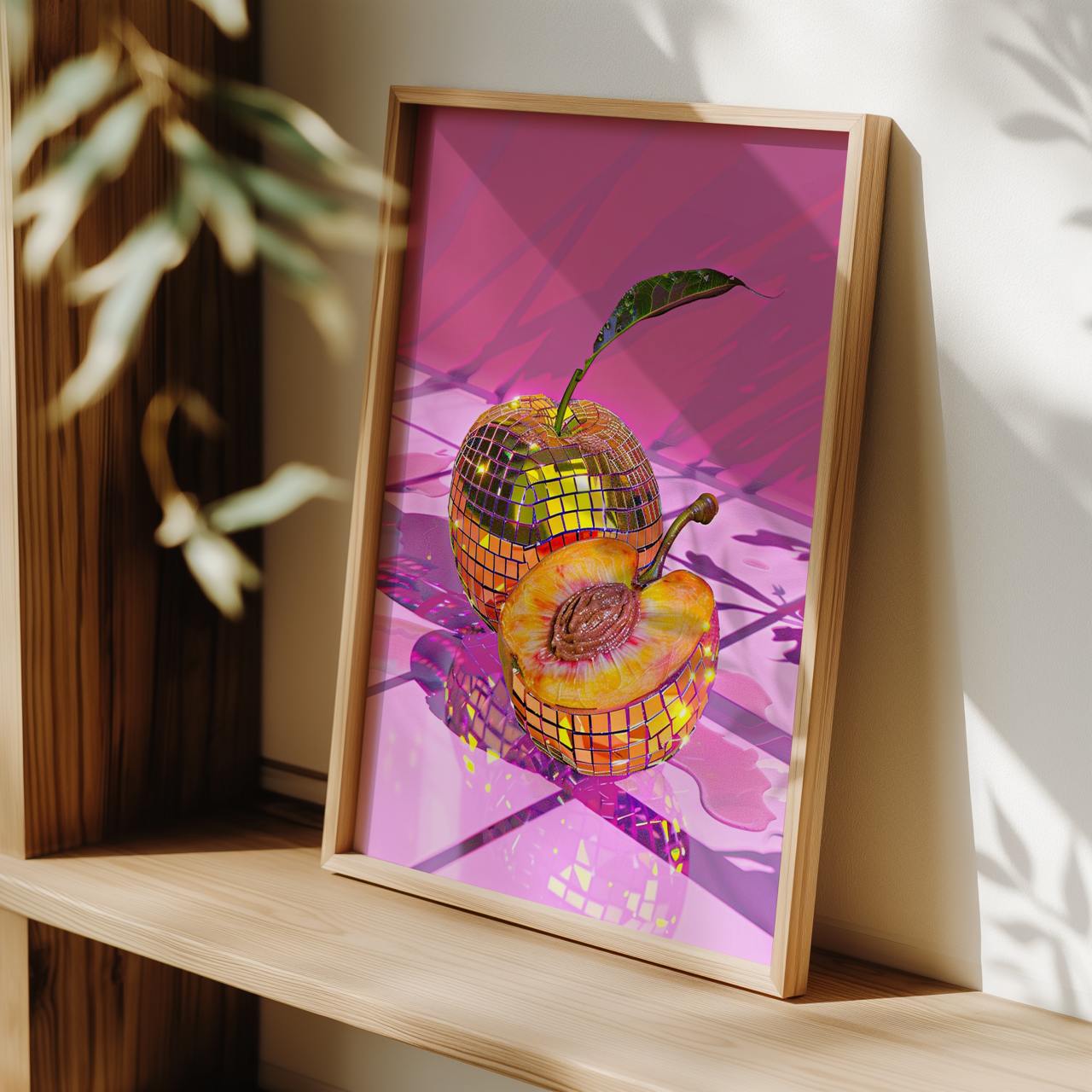 Framed artwork of a colorful disco ball apple on a wooden shelf.