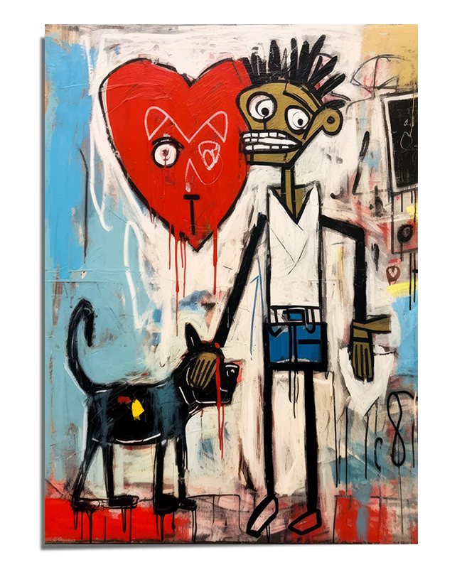 A contemporary street art print featuring a stylized figure with exaggerated features, a black dog, and a bold red heart in the background. The painting has graffiti-like details, expressive brushstrokes, and abstract elements, creating a raw and dynamic urban aesthetic.