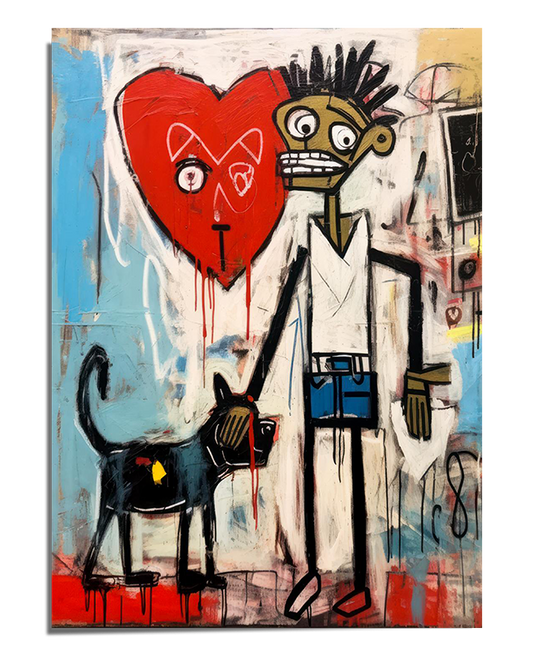 A contemporary street art print featuring a stylized figure with exaggerated features, a black dog, and a bold red heart in the background. The painting has graffiti-like details, expressive brushstrokes, and abstract elements, creating a raw and dynamic urban aesthetic.