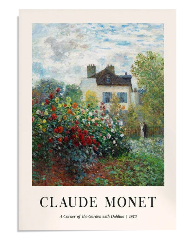 A lively garden scene by Claude Monet from 1873, featuring vibrant dahlias in full bloom, surrounded by soft green foliage. The Impressionist painting also includes a quaint house in the background, creating a peaceful and colorful atmosphere. Ideal for floral art lovers, this fine art print captures the beauty of nature and the essence of Monet’s style.