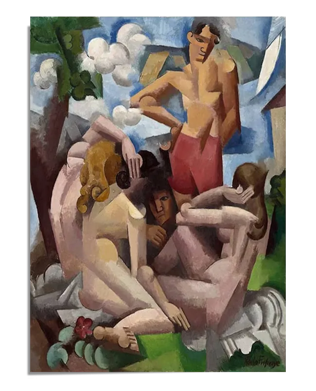 A Cubist painting depicting a group of bathers in nature. The figures are abstracted into geometric shapes with fragmented perspectives, featuring bold colors and angular forms. A standing male figure in red shorts observes the scene while the reclining figures blend with the surrounding landscape, creating a modernist and dynamic composition.