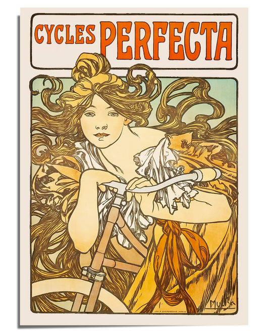 A vintage Art Nouveau advertisement poster featuring a woman with long, wavy golden hair flowing behind her as she gracefully holds the handlebars of a bicycle. She wears a flowing, light-colored gown with an orange sash tied around her waist. The typography at the top reads "Cycles Perfecta" in bold red and brown lettering, framed within a soft pastel background. The intricate linework and warm color palette create an elegant and timeless composition.