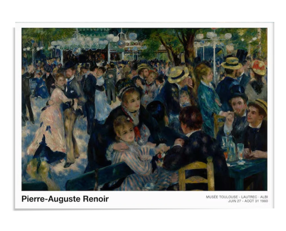 An Impressionist painting showing couples dancing and groups socializing under lanterns at the Moulin de la Galette in Paris. The figures are surrounded by trees and greenery, with the light filtering through the leaves, creating a warm, lively atmosphere of a joyful celebration.