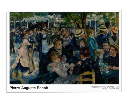 An Impressionist painting showing couples dancing and groups socializing under lanterns at the Moulin de la Galette in Paris. The figures are surrounded by trees and greenery, with the light filtering through the leaves, creating a warm, lively atmosphere of a joyful celebration.