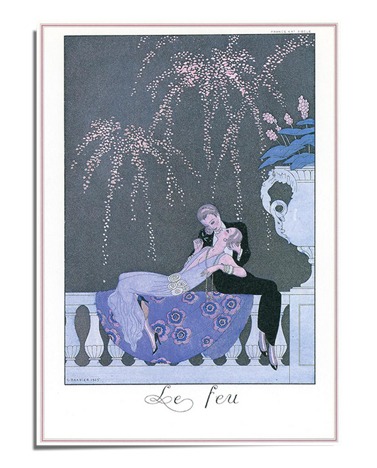 An Art Deco print of a couple embracing beneath a starry night sky with fireworks in the background. The piece captures the romance and elegance of the 1920s with soft hues and geometric patterns.