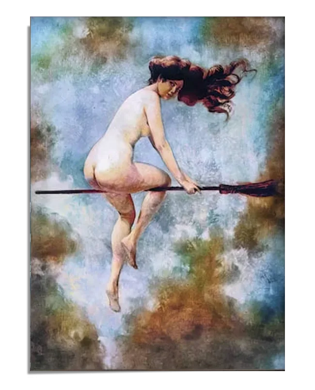 A fantasy painting of a woman flying on a broomstick through a sky filled with swirling clouds. Her long hair flows behind her as she soars, creating a sense of motion and freedom. The background is a blend of vibrant colors, enhancing the magical and mystical feel of the scene.