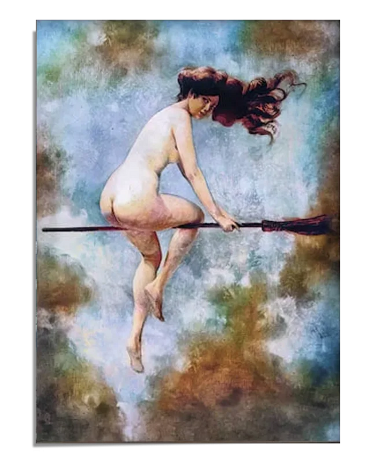 A fantasy painting of a woman flying on a broomstick through a sky filled with swirling clouds. Her long hair flows behind her as she soars, creating a sense of motion and freedom. The background is a blend of vibrant colors, enhancing the magical and mystical feel of the scene.