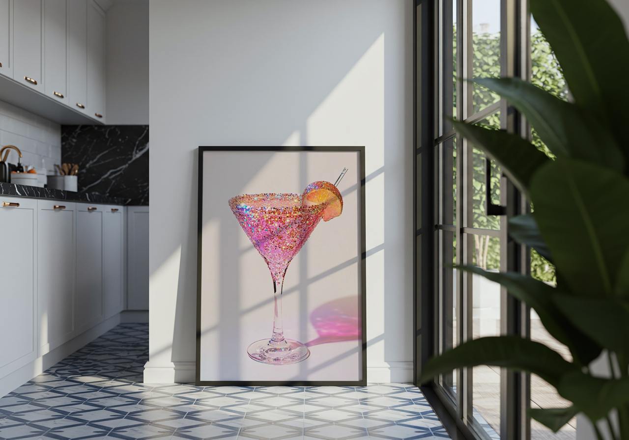 Framed artwork of a colorful cocktail in a kitchen with natural light