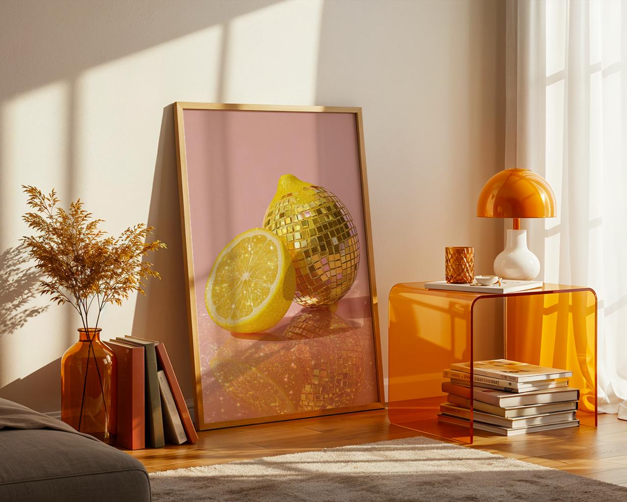 Modern interior with a decorative poster of a lemon and disco ball, orange table, and books.