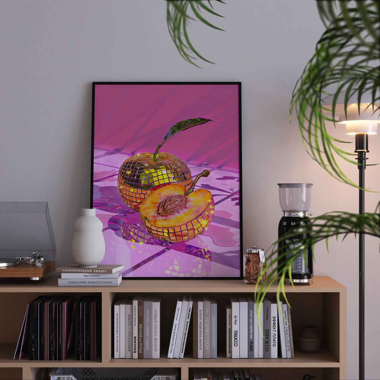 Framed artwork of a disco ball apple on a bookshelf with books and decor items.