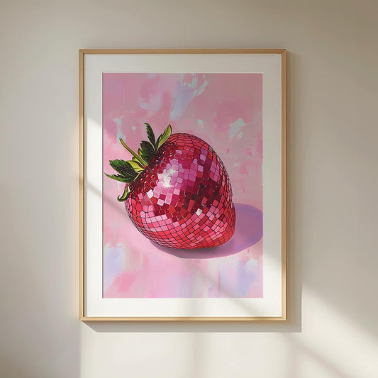 A hyper-realistic strawberry designed like a disco ball, covered in pink mirror tiles that reflect light. It sits on a pink abstract background with soft brush textures, giving it a fun and vibrant look.