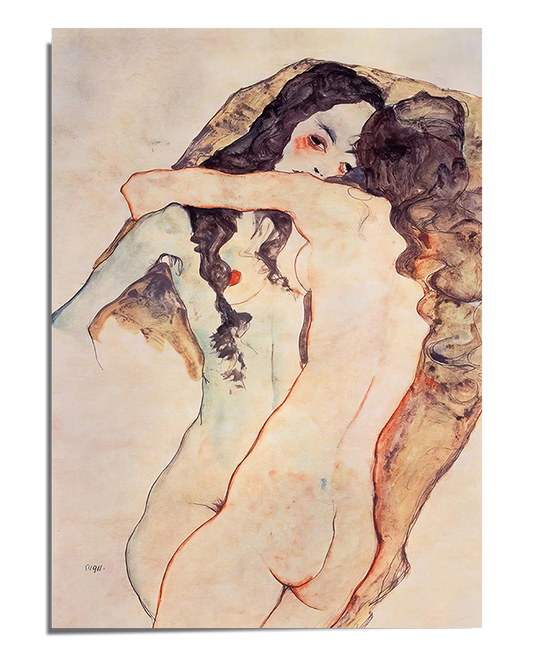 An expressive and minimalistic illustration of two nude figures embracing. One figure gazes outward with dark eyes, while the other’s face is obscured. The delicate yet intense linework and shading create a striking composition, emphasizing emotion and movement. The background remains neutral, allowing the raw beauty of the figures to take center stage.