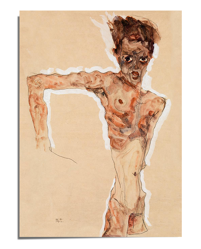 A haunting self-portrait of Egon Schiele, featuring a gaunt, angular male figure with exaggerated bone structure and hollow, piercing eyes. His upper body is partially contorted, one arm bent at an unnatural angle, while his thin, sinewy torso reveals sharp lines and expressive brushstrokes. His expression is intense, with an open mouth and furrowed brow, conveying a sense of distress or urgency. The background is sparse, with white cutout-like shapes framing his body, emphasizing the stark, unfinished qual