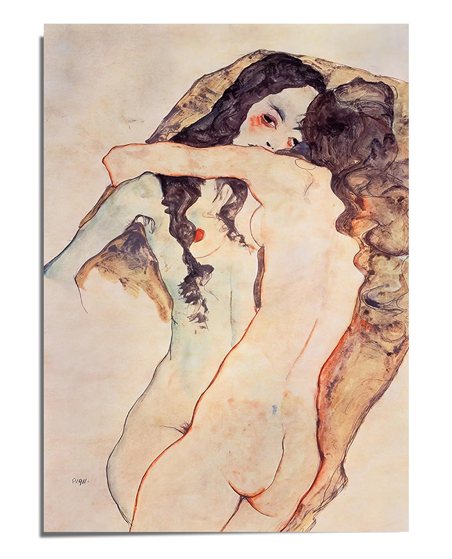A nude couple depicted in a passionate embrace, with the female figure gazing intensely beyond the viewer. Their bodies are outlined in expressive black lines with subtle color shading, emphasizing raw emotion and human connection. The artwork features a textured beige background, enhancing the vintage and intimate aesthetic.