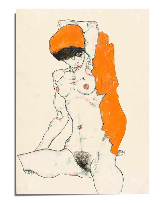 A bold expressionist portrait of a seated woman with an intense gaze, drawn in loose, expressive lines. She is partially draped in a striking orange fabric, which contrasts with the simplicity of the off-white background. The unfinished quality of the composition enhances its raw and emotive presence.
