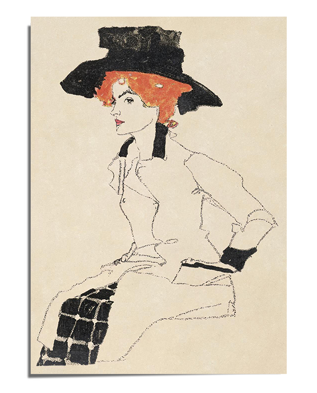 A stylized portrait of a woman wearing a large black hat, with her red hair flowing beneath it. The figure is drawn with bold, loose lines, and the clothing features subtle black and white details. The light, unfinished background emphasizes the subject’s expressive posture and striking fashion elements.