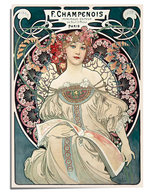 A vintage Art Nouveau poster featuring a woman with delicate facial features, flowing light-colored garments, and a floral crown made of red and pink blossoms. She holds an open book while surrounded by intricate circular and floral patterns in pastel shades of green, blue, and pink. The typography at the top reads "F. Champenois, Imprimeur-Éditeur, Paris," framed by swirling botanical designs. The composition exudes elegance and artistic sophistication, characteristic of Mucha’s style.