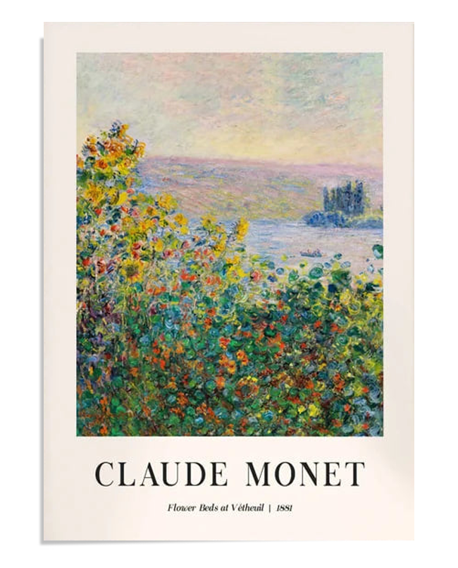 An Impressionist painting by Claude Monet depicting vibrant flower beds filled with colors, set against the backdrop of a tranquil river and distant trees. The painting showcases Monet’s fluid brushwork and vibrant color palette, capturing the essence of a peaceful garden scene. Ideal for those who appreciate nature-inspired art and Impressionist masterpieces.