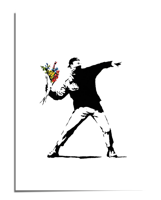 A graffiti-style street art print featuring a black-and-white masked protester in a throwing stance, holding a bouquet of colorful flowers instead of a weapon. The artwork symbolizes peace, resistance, and hope.