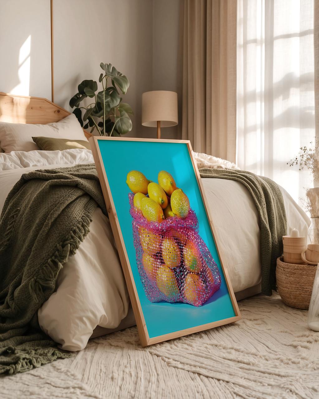 Framed artwork of lemons in a colorful vase on a bed in a bedroom.