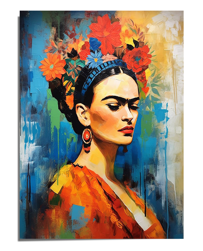 A colorful abstract portrait of Frida Kahlo with a textured blue background. She wears a vibrant floral crown in shades of red and orange, large statement earrings, and a flowing orange shawl. Her sharp gaze and strong features contrast with the expressive, fluid brushstrokes, giving the artwork depth and movement.