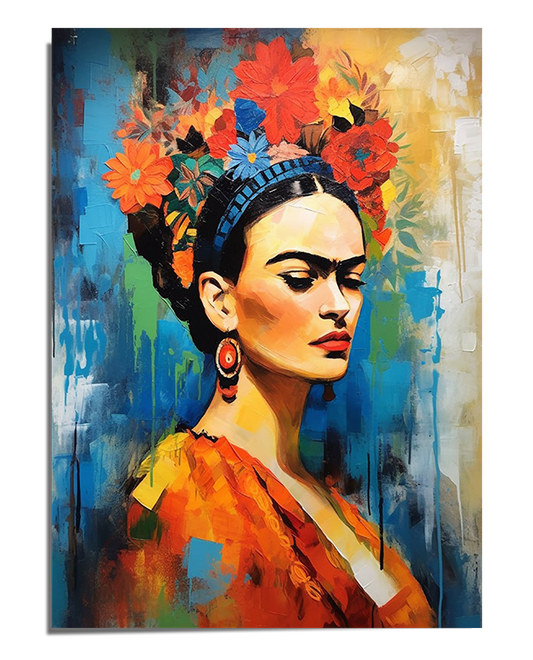 A colorful abstract portrait of Frida Kahlo with a textured blue background. She wears a vibrant floral crown in shades of red and orange, large statement earrings, and a flowing orange shawl. Her sharp gaze and strong features contrast with the expressive, fluid brushstrokes, giving the artwork depth and movement.