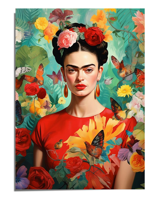 A vivid portrait of Frida Kahlo wearing a red dress, surrounded by colorful flowers, butterflies, and tropical greenery. Her hair is braided and adorned with pink and red roses, and she wears golden earrings. Her bold gaze and red lips contrast with the lush botanical background, while butterflies flutter around her, enhancing the lively and dynamic feel of the composition.