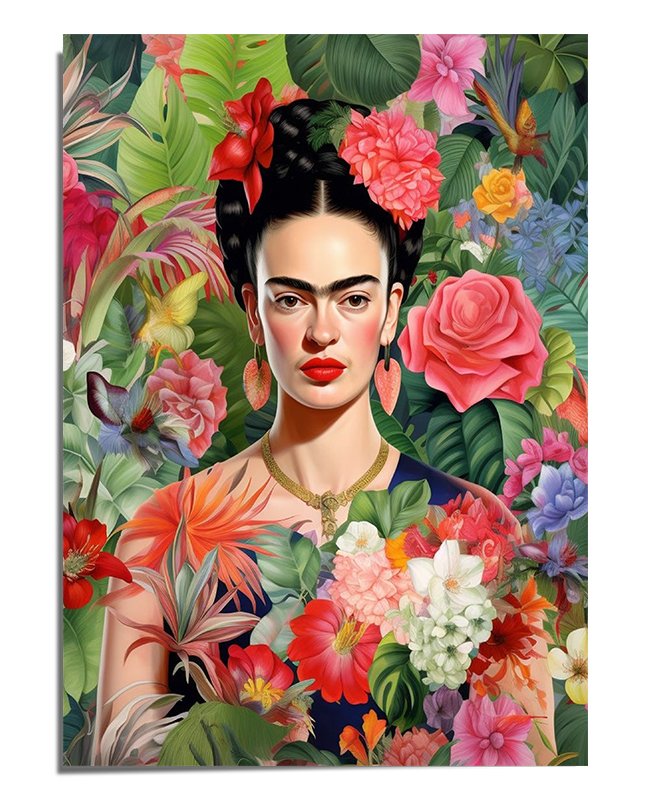 A striking portrait of Frida Kahlo surrounded by a dense array of tropical flowers, including roses, lilies, and exotic blossoms in shades of red, pink, white, and orange. She wears a dark floral-patterned blouse, a gold necklace, and soft pink drop earrings. Her hair is braided and adorned with red flowers, complementing her bold red lips. Her intense gaze is framed by lush green leaves, enhancing the dramatic and vibrant nature of the artwork.