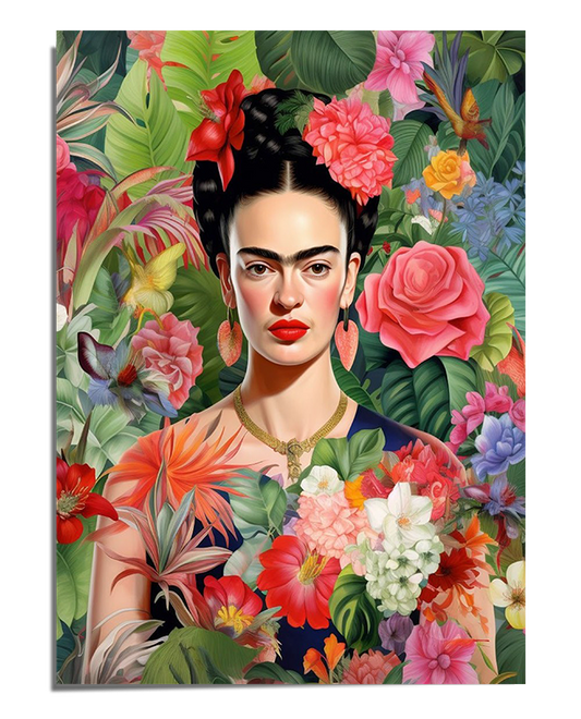 A striking portrait of Frida Kahlo surrounded by a dense array of tropical flowers, including roses, lilies, and exotic blossoms in shades of red, pink, white, and orange. She wears a dark floral-patterned blouse, a gold necklace, and soft pink drop earrings. Her hair is braided and adorned with red flowers, complementing her bold red lips. Her intense gaze is framed by lush green leaves, enhancing the dramatic and vibrant nature of the artwork.
