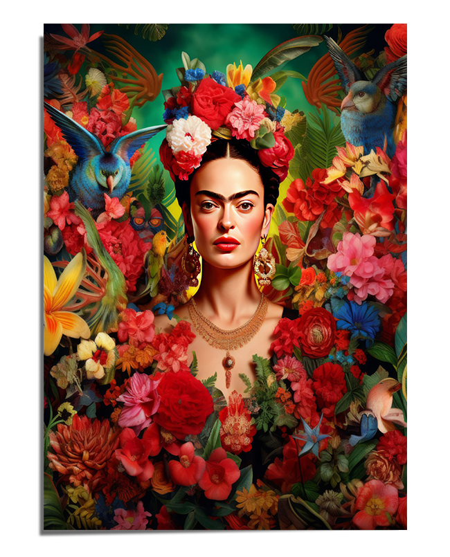 A detailed portrait of Frida Kahlo surrounded by vibrant flowers, green foliage, and exotic birds. She wears a bold floral crown, gold jewelry, and a deep red dress. Her intense gaze and red lips contrast with the lush botanical background, creating a striking and elegant composition.